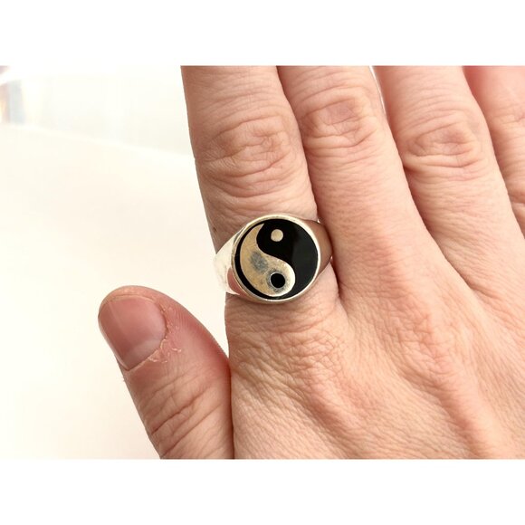 Yin Yang Chunky Signet Flat Top Statement 925 Sterling Silver Vintage Ring - Picture 10 of 12